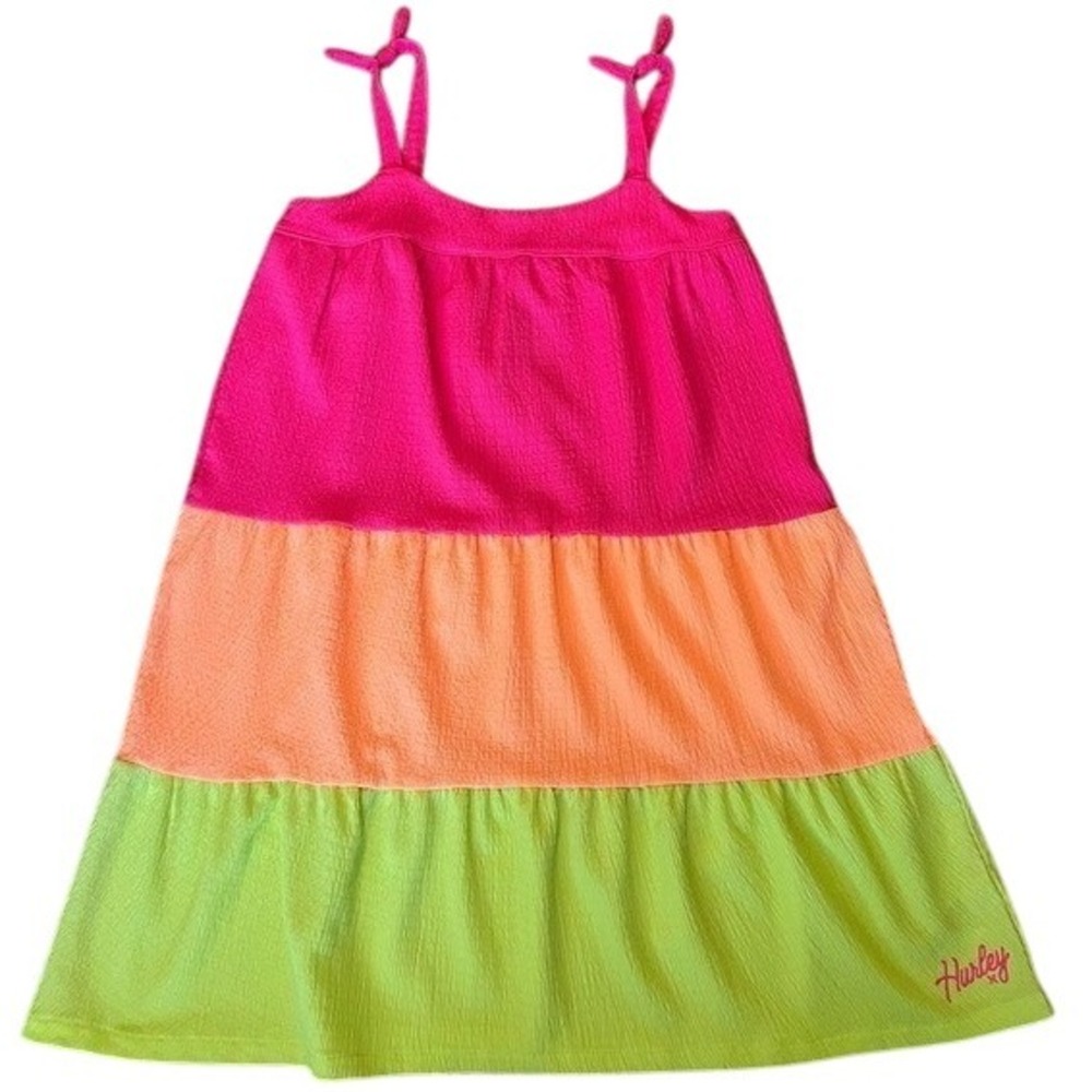 Hurley Girls Dress XL Pink Orange NeonYellow Sundress Crinkle Fabric Tiered NWOT